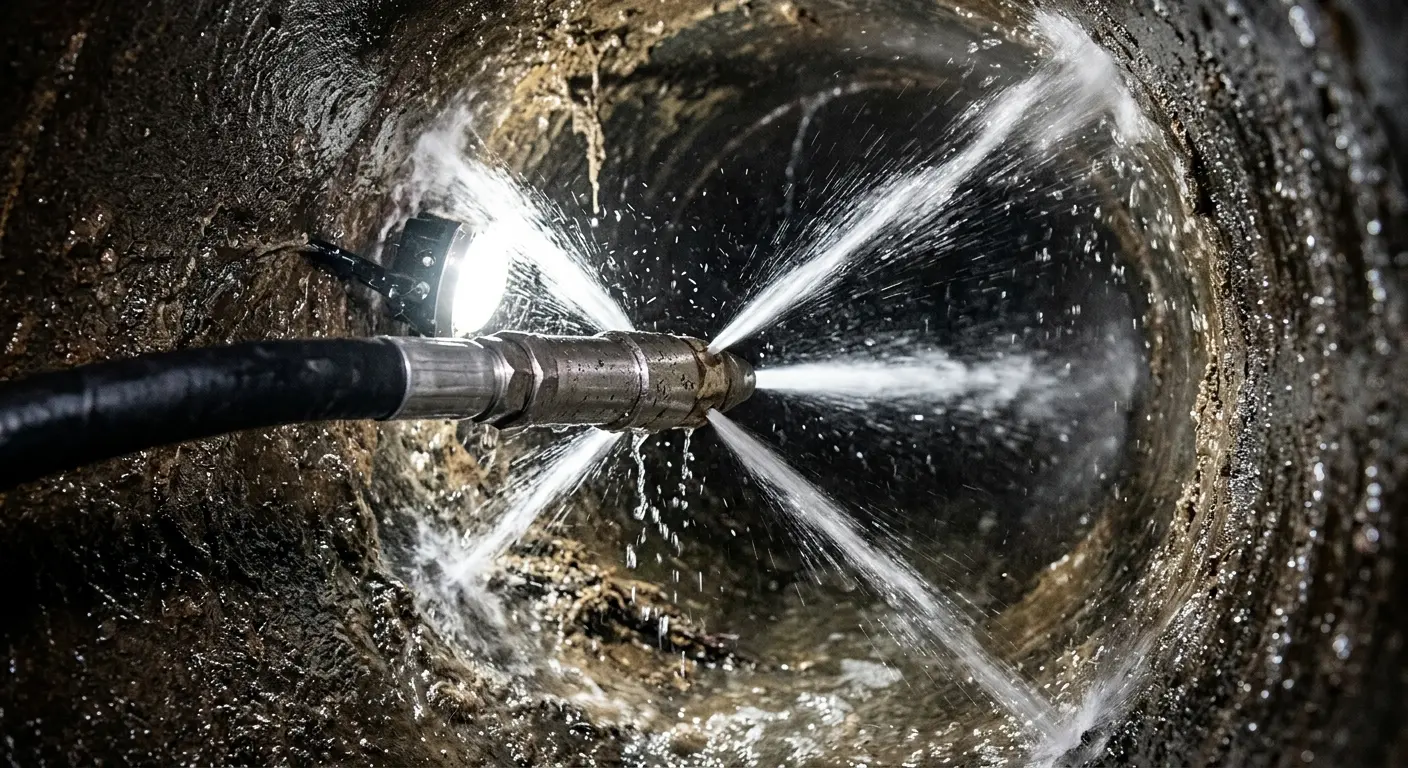 High-pressure hydro jetting nozzle cleaning sewer pipe for Trenchless Sewer Repair in Lansdale