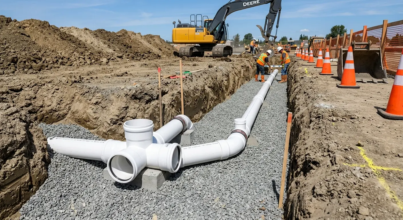 New PVC sewer pipe installation in open trench for Commercial Drain Cleaning in Lansdale