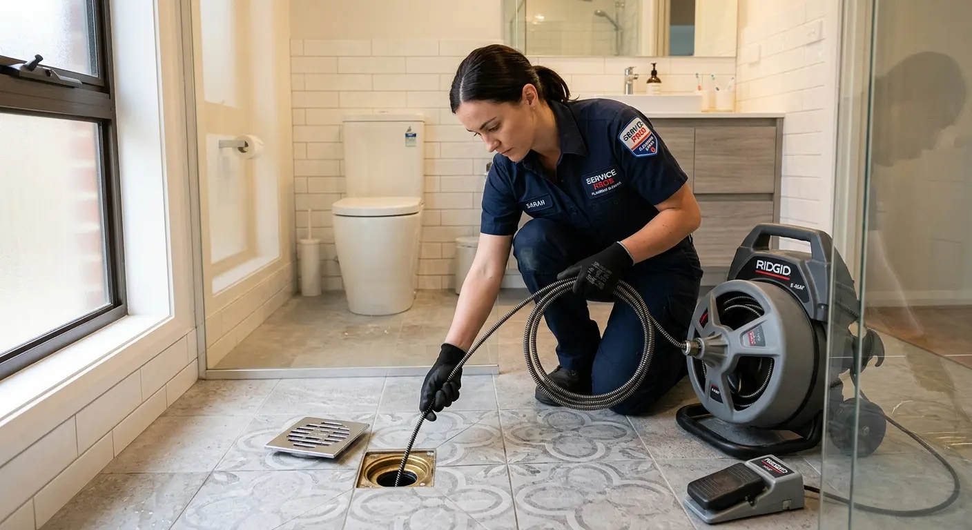 Technician clearing a bathroom floor drain for Sewer Line Replacement in Lansdale
